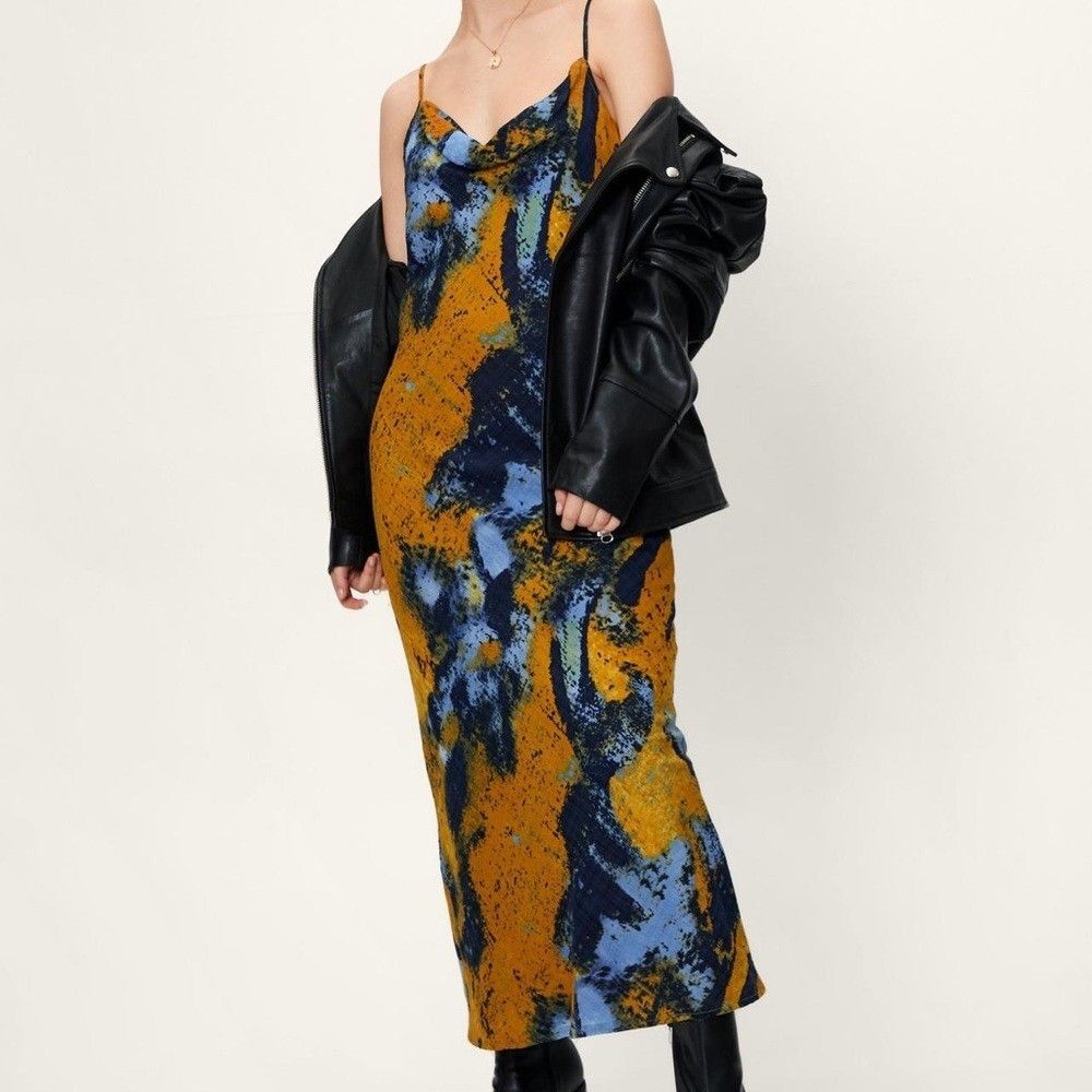 NWT NASTY GAL Blue Yellow Mottled Abstract Print Cowl Maxi Dress SIZE 4